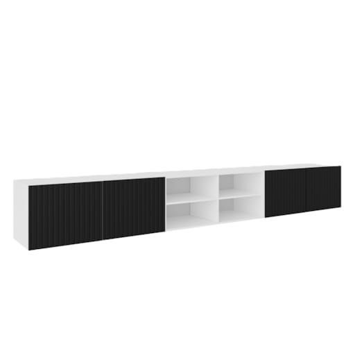 Szafka RTV RIO 300 cm otwarta z półkami, ryflowana- biały+czarny