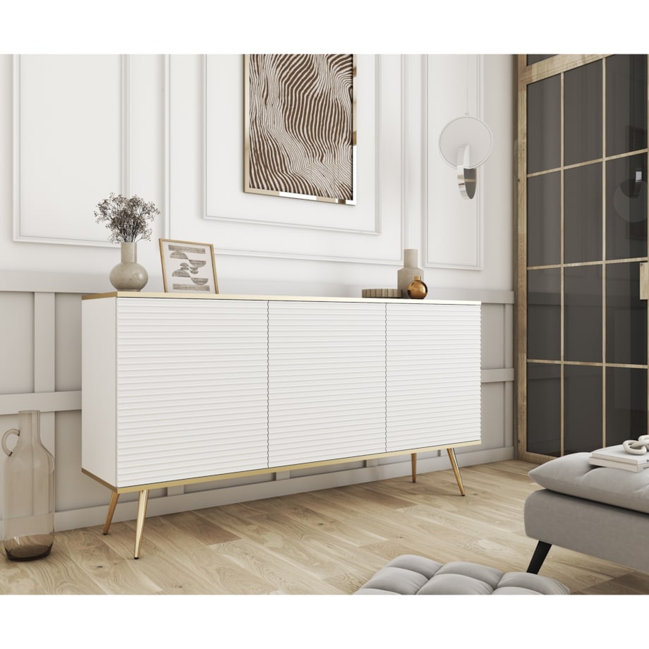 Komoda 160 POLO na wysokich złotych nożach, ryflowane fronty, biała