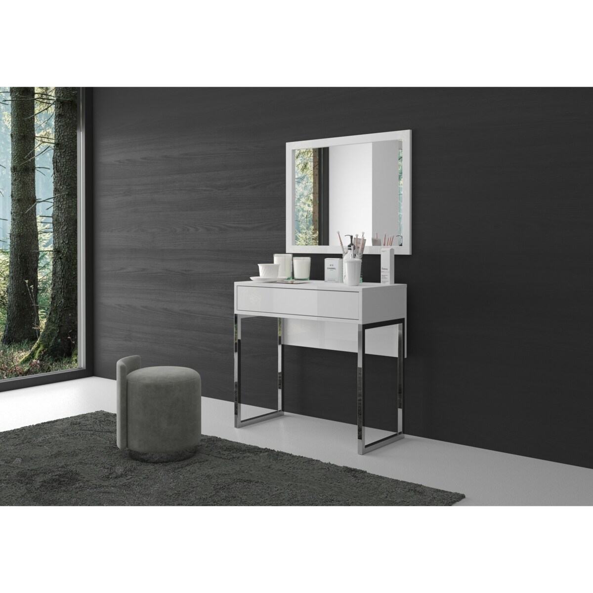 Biała nowoczesna toaletka Dancan EVA ze srebrnym stelażem