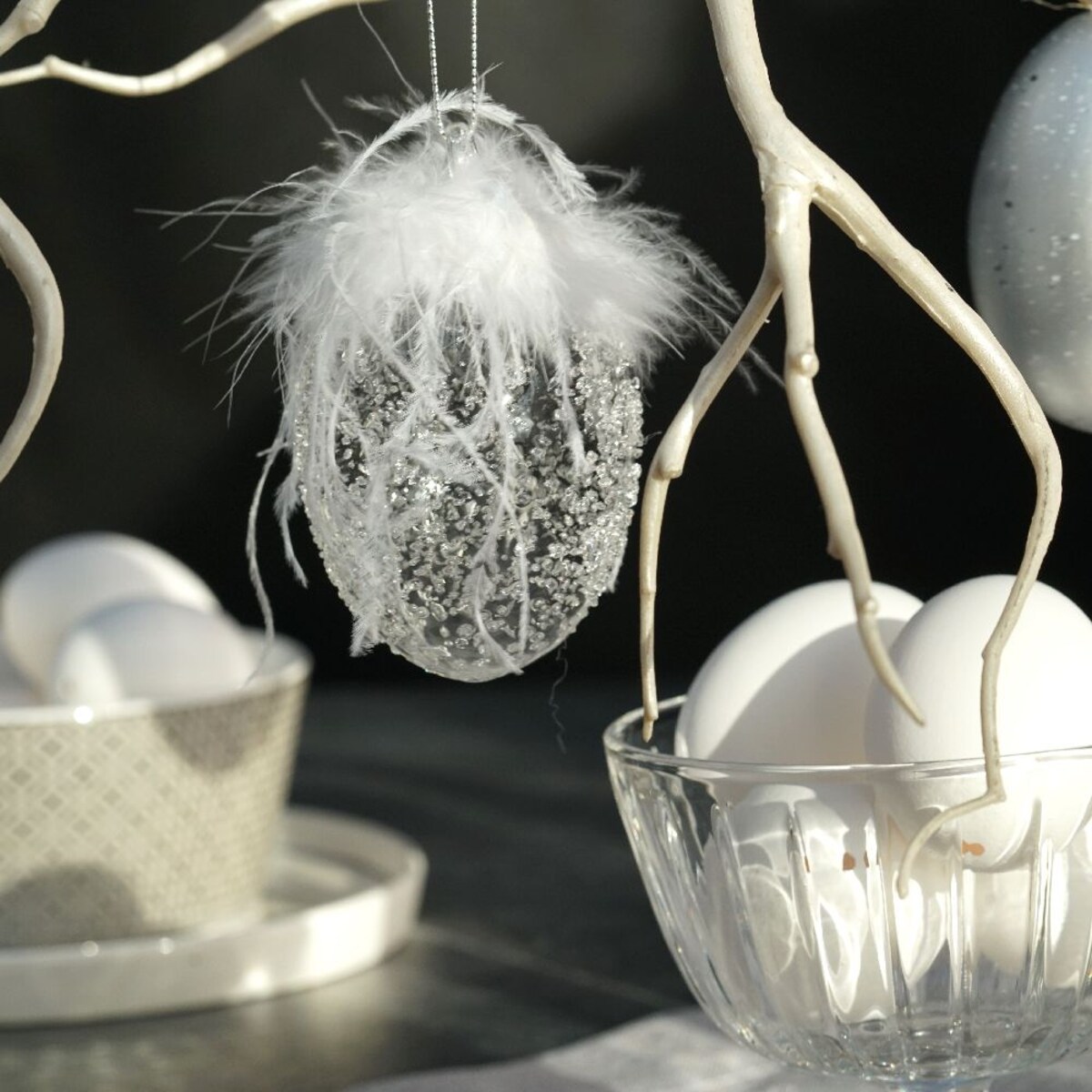 VILLA ITALIA Bombka szklana jajko z piórami przeźroczyste 9 cm