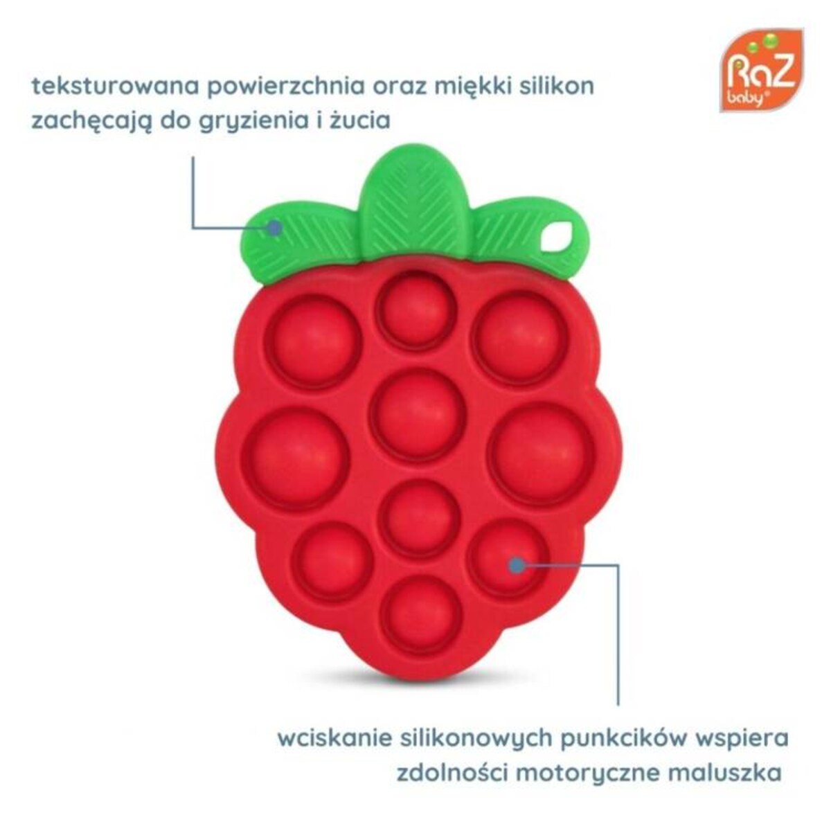 Pop it gryzak silikonowy Soczysta Malina – zabawka sensoryczna dla niemowląt RaZbaby