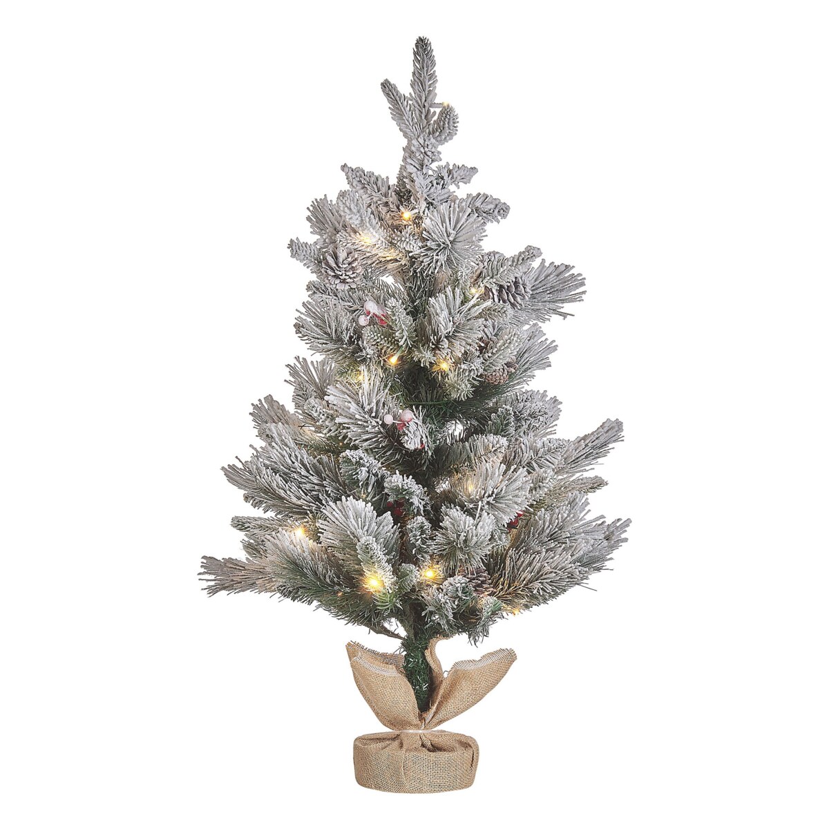 Ośnieżona sztuczna choinka ze światełkami w jutowym worku 90 cm zielona MALIGNE