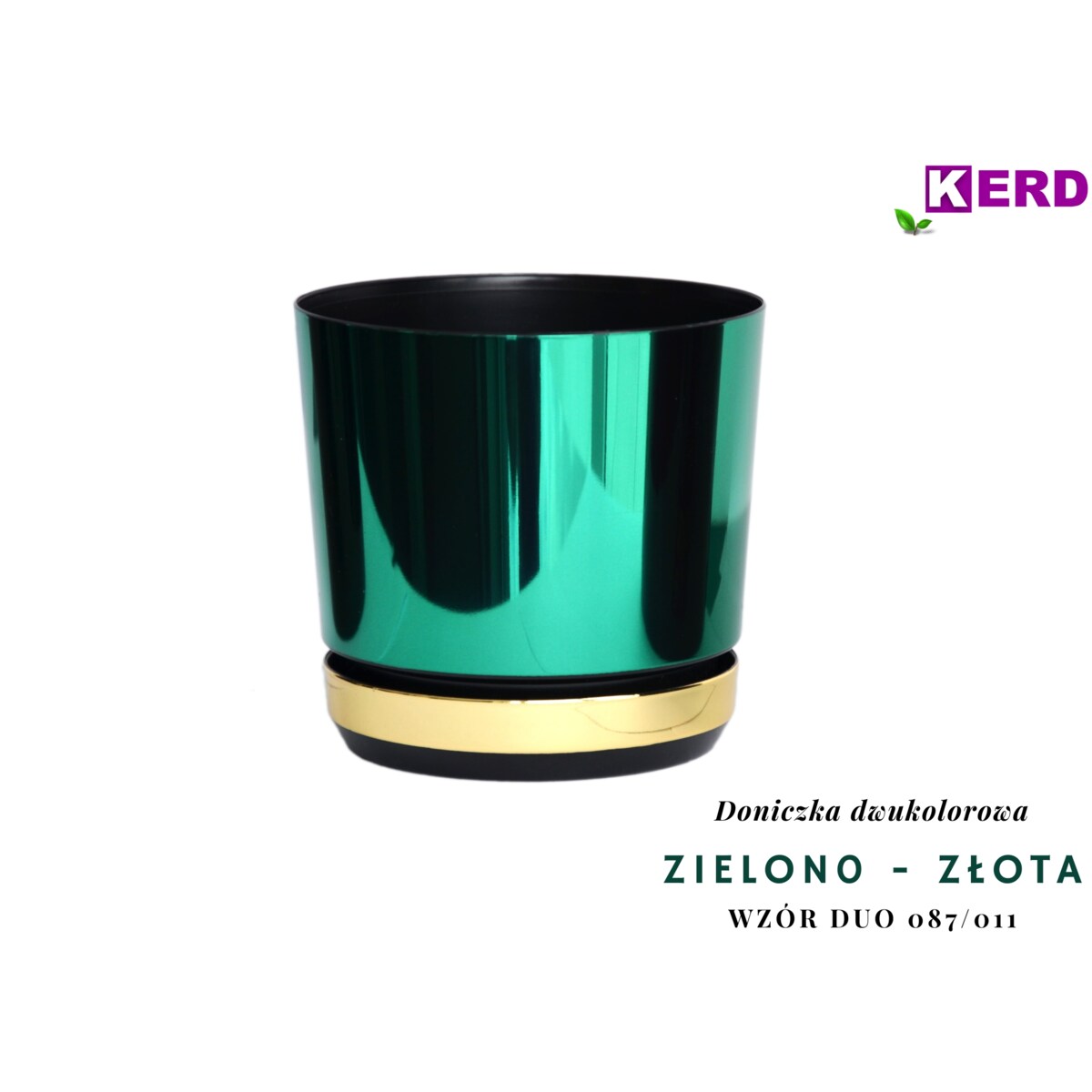 12 Doniczka DUO ZIELONA z podstawką ZŁOTA dwukolorowa nowoczesna glamour wysoki połysk metaliczna elegancka