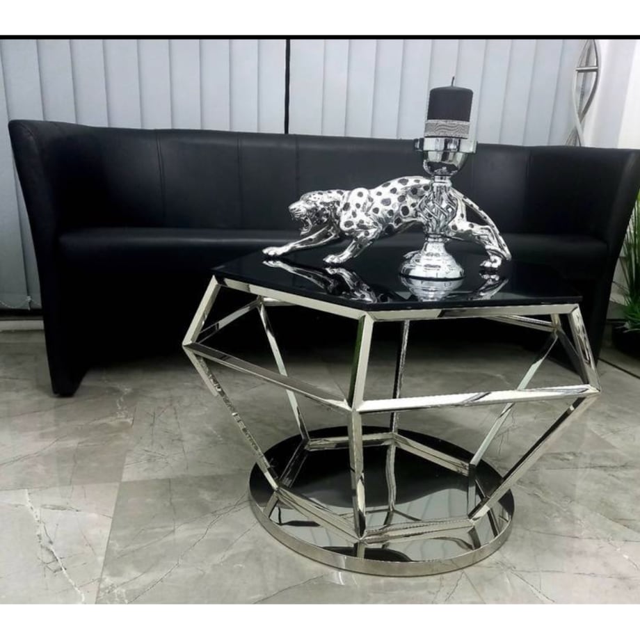 Nowoczesny srebrny stolik kawowy / ława w kształcie diamentu z szybą czarną 80x80x50