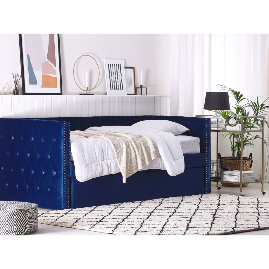 Łóżko wysuwane welurowe 90 x 200 cm niebieskie GASSIN