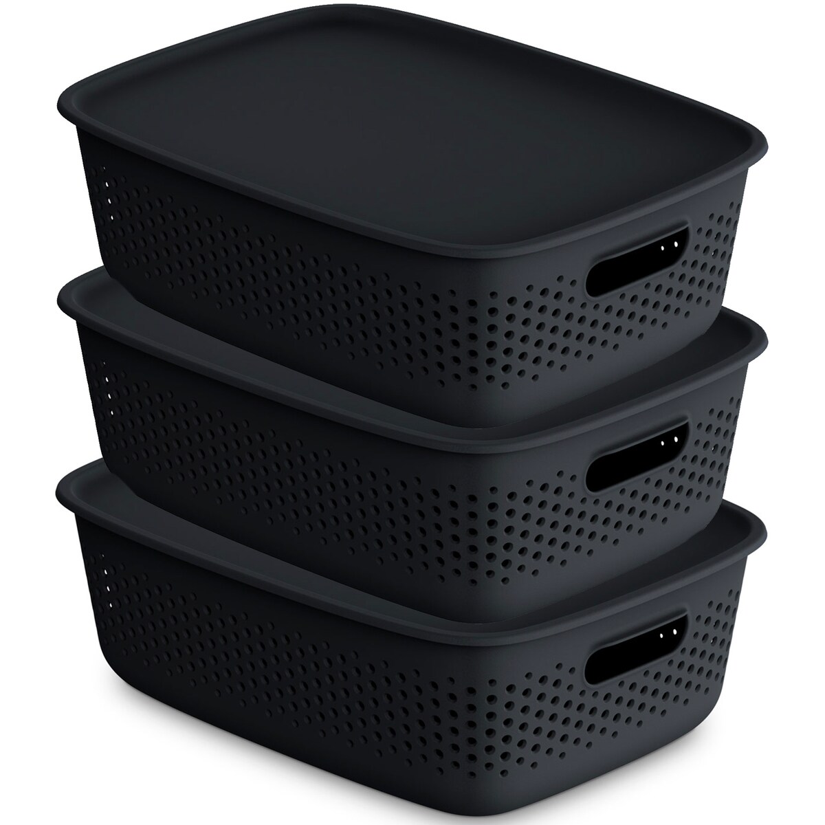 3X Pojemnik Plastikowy Ażurowy Pudełko Z Pokrywą Pojemniki Box 10L Czarny
