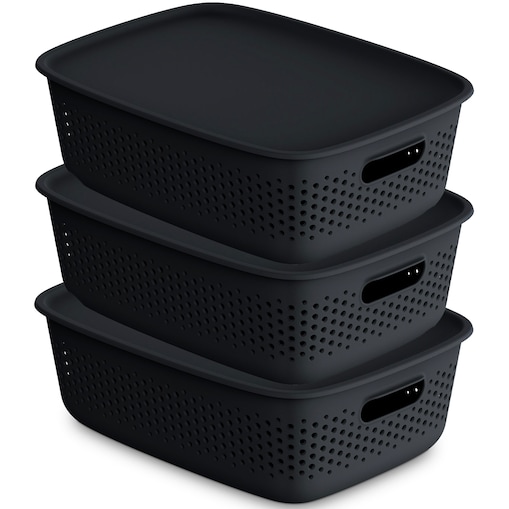 3X Pojemnik Plastikowy Ażurowy Pudełko Z Pokrywą Pojemniki Box 10L Czarny