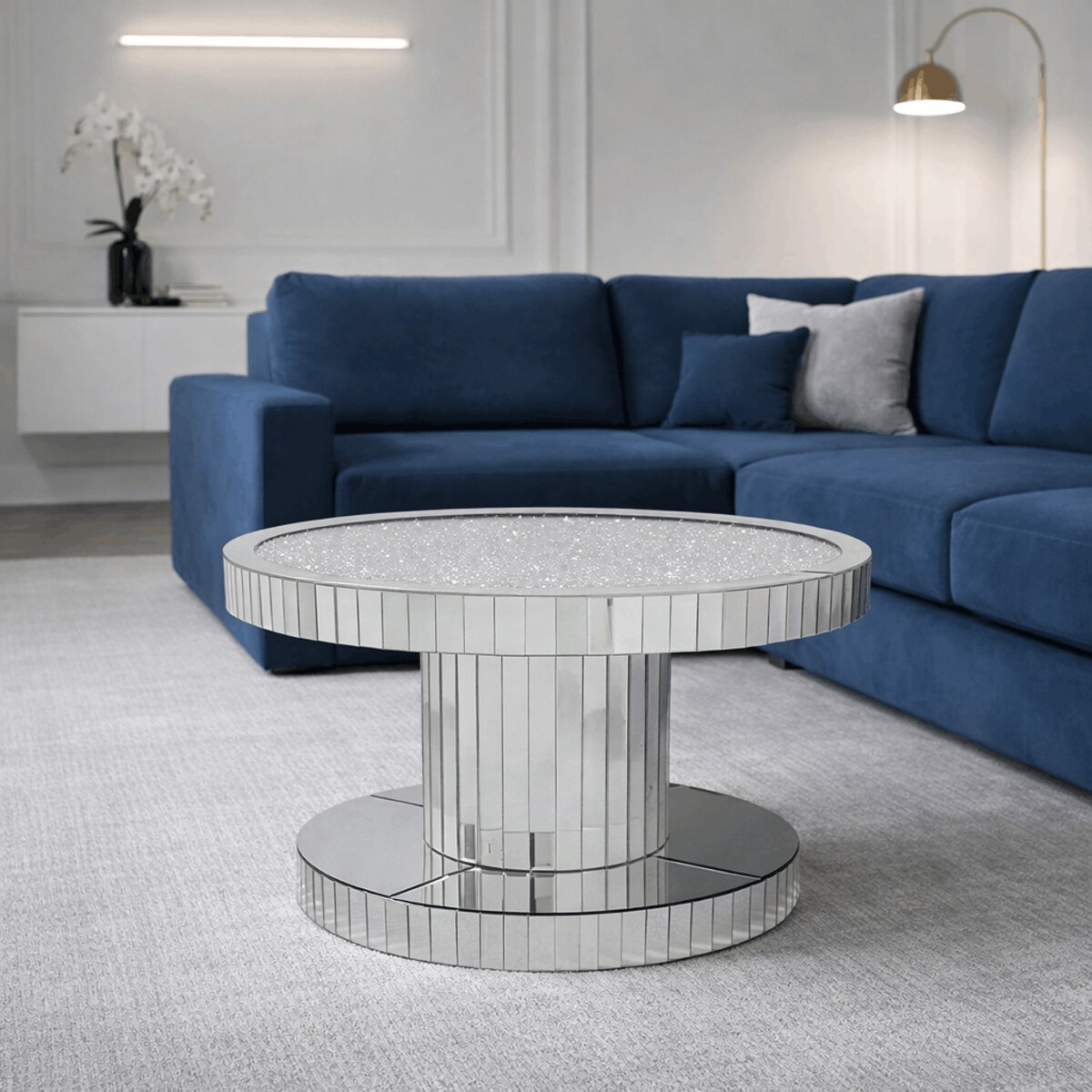 Szklany stolik kawowy glamour lustrzany 80×80×45 cm - z kryształkami