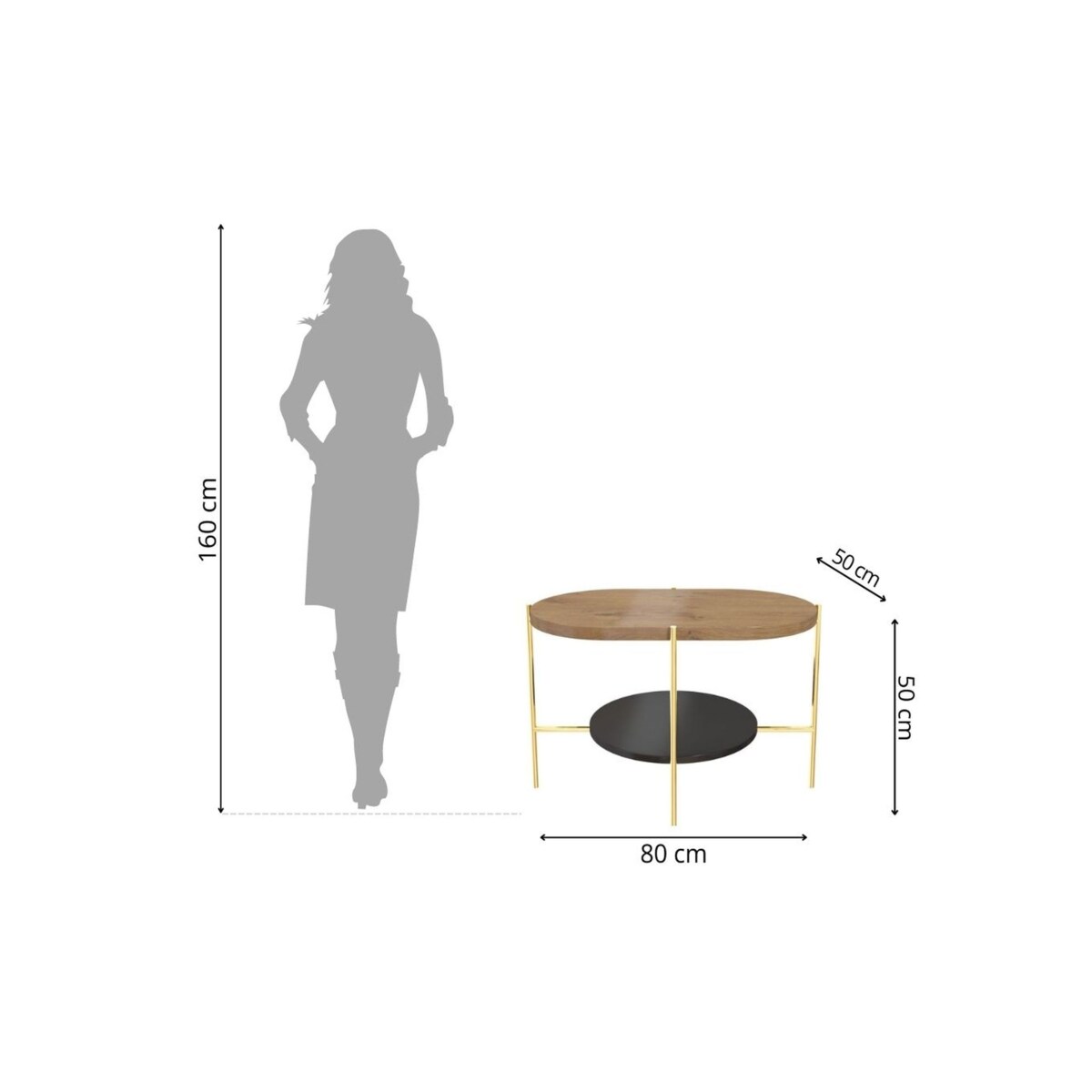 Nowoczesny stolik kawowy Dancan ARENA / złota podstawa + dębowy i czarny blat