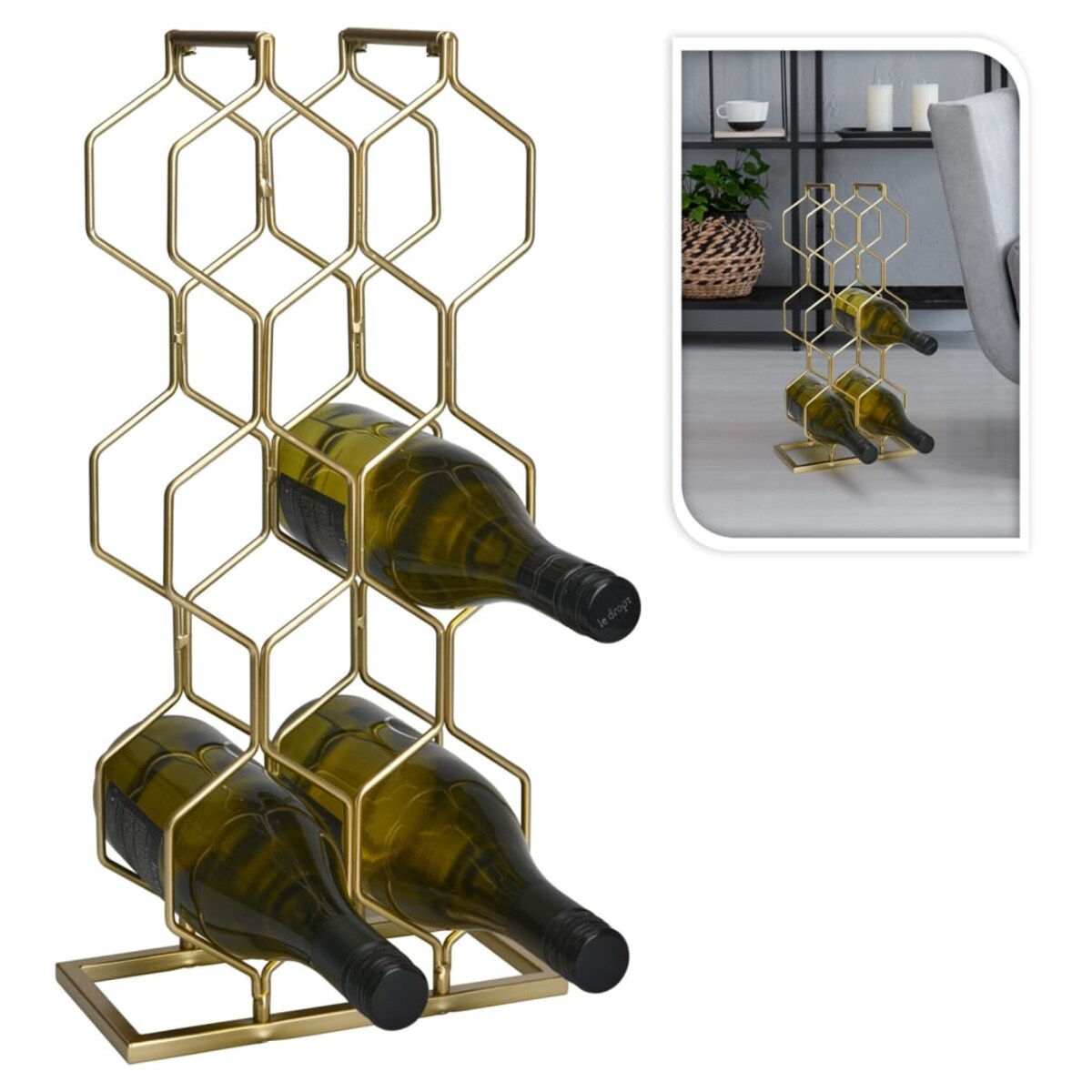 Stojak na wino metalowy, na 8 butelek, wys. 48 cm, kolor złoty