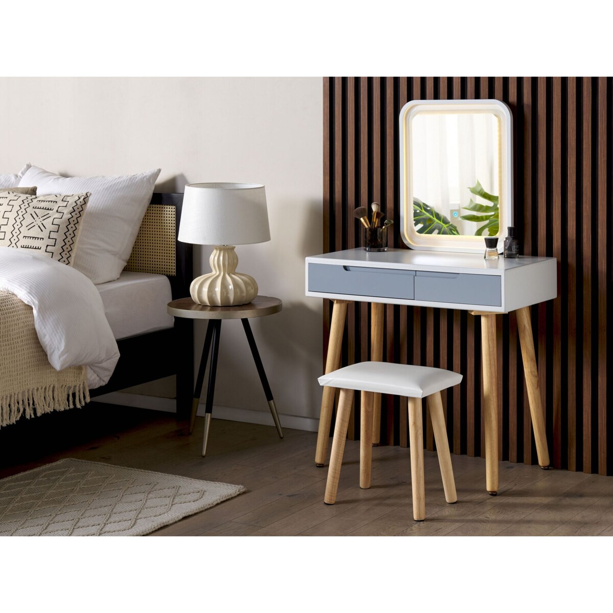 Toaletka 2 szuflady lustro LED ze stołkiem biało-szara DIEPPE
