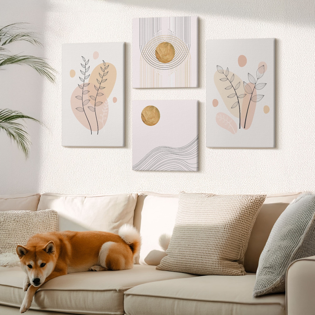 Zestaw 4 obrazów na płótnie - Minimalistyczne rysunki roślin - beżowy