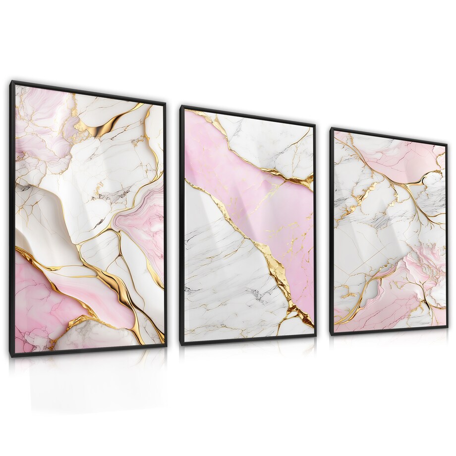 ZESTAW 3X PLAKAT W RAMIE DO SALONU ELEGANCKI RÓŻOWY MARMUR GLAMOUR 600x80cm
