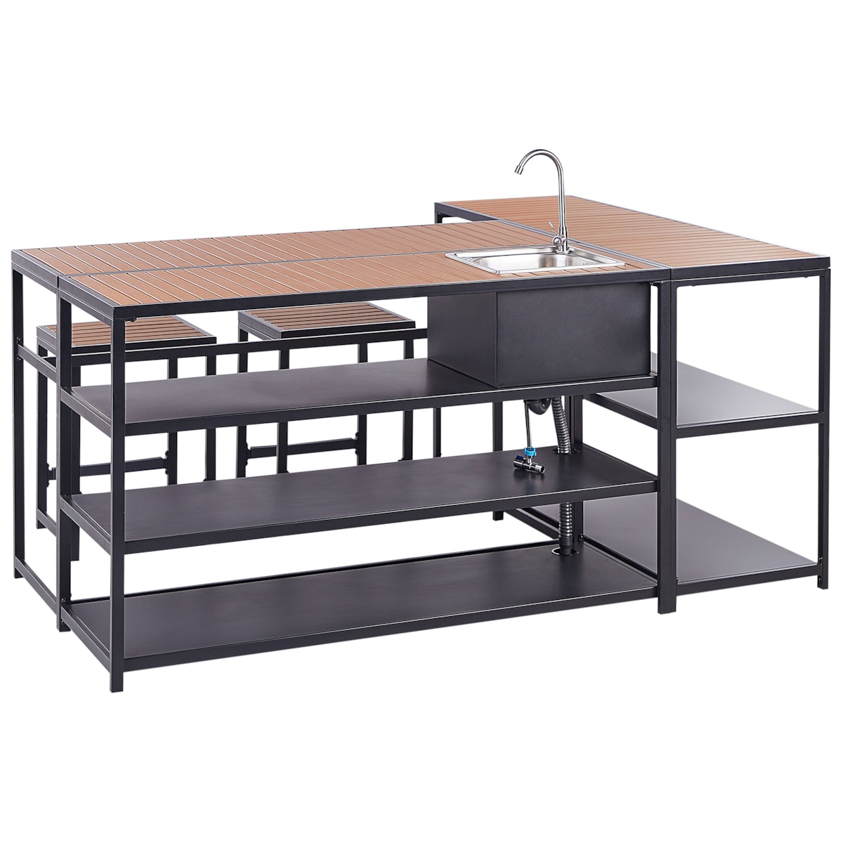 Kuchnia ogrodowa ze stołem barowym i zlewem czarna z jasnym drewnem AVETRANA