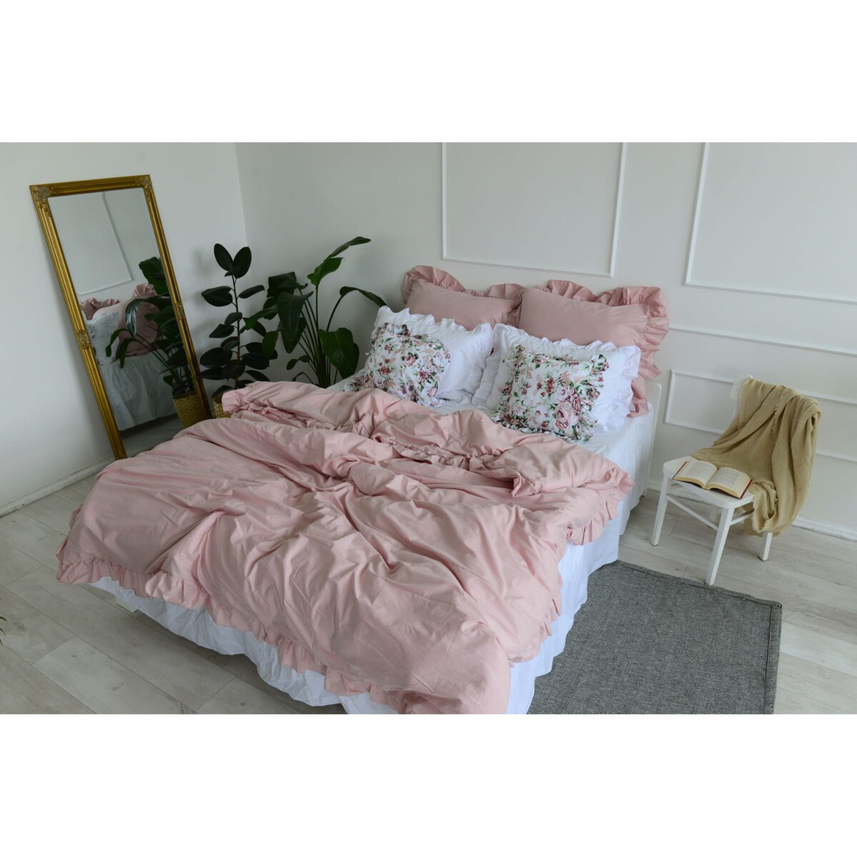 Pościel Bawełniana Z Falbanką Zestaw Komplet Do Sypialni Kołdra + 6 Poduszek 180X200 Cm Brudny Róż Biel Kwiaty