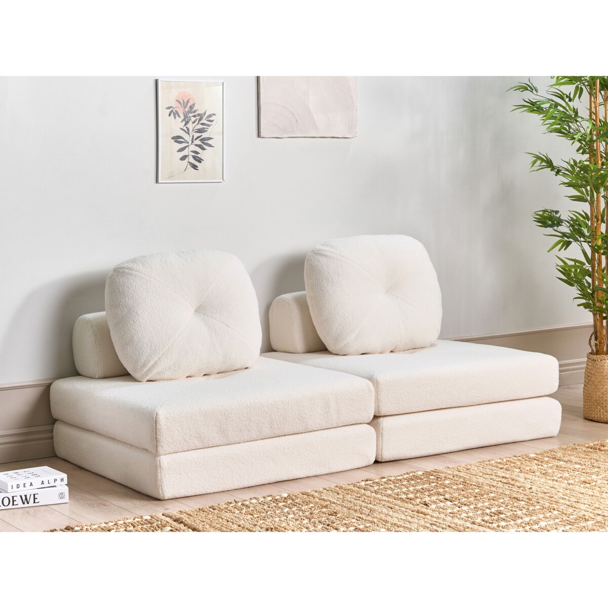 Sofa rozkładana jednoosobowa boucle biała OLDEN