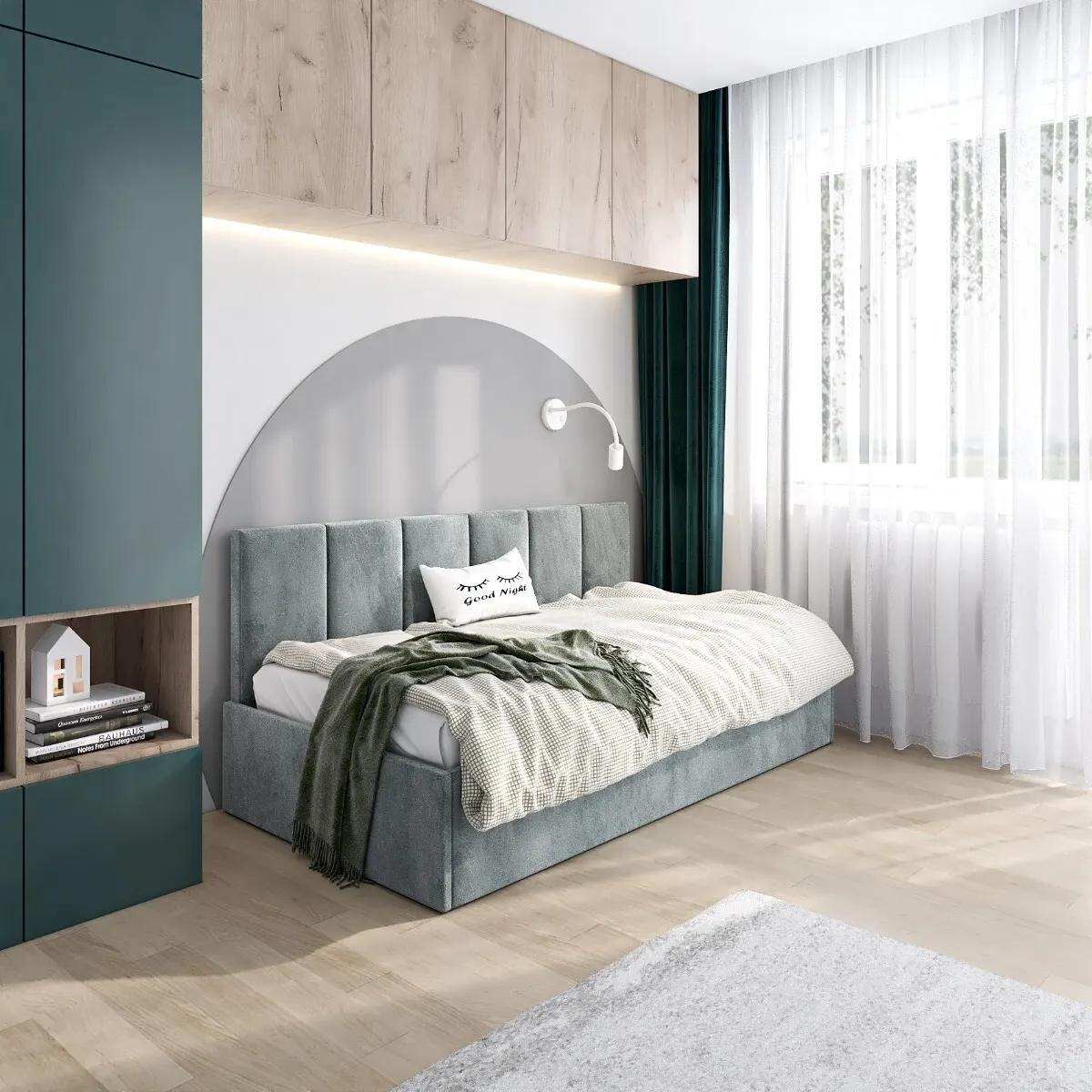 Łóżko młodzieżowe SORA 90x200 szare z tapicerowanym panelem i pojemnikiem na pościel