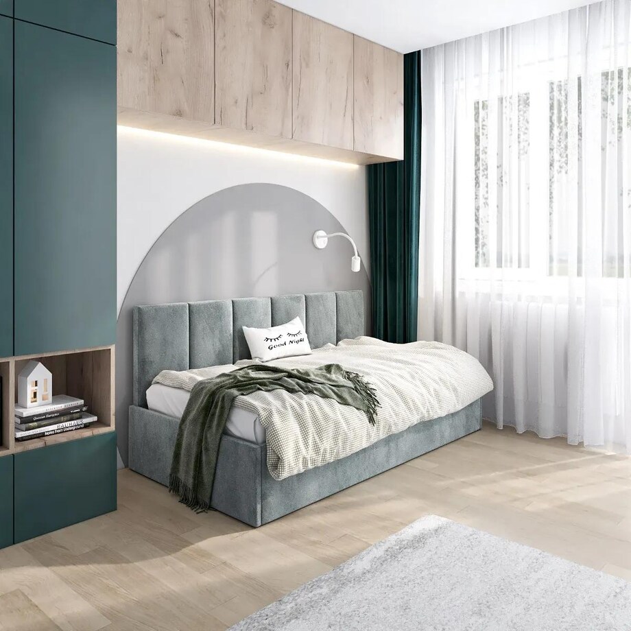 Łóżko młodzieżowe SORA 90x200 szare z tapicerowanym panelem i pojemnikiem na pościel