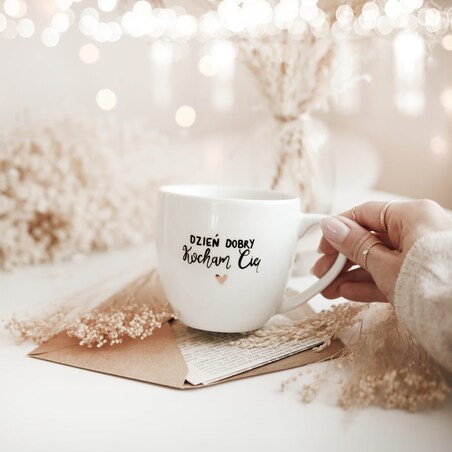 Kubek 300 ml - Dzień dobry Kocham cię ( mały napis) ZŁOTE SERCE