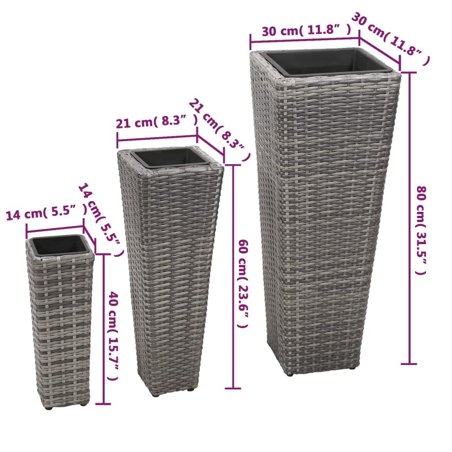 vidaXL Zestaw podwyższonych donic, 3 szt., polirattan, szary