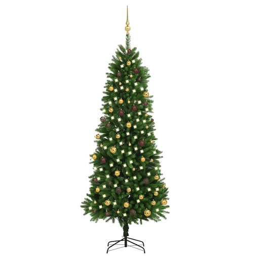 vidaXL Sztuczna choinka z lampkami i bombkami, 240 cm, zielona