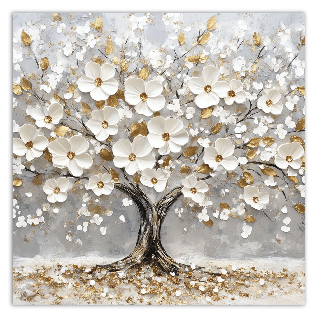 Obraz Drzewo Życia Białe Kwiaty Liście Złoty do sypialni do salonu na ścianę 60x60