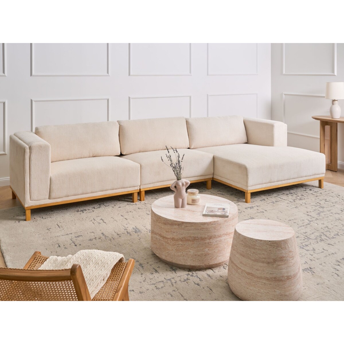 Narożnik dla 5 osób VENG Sztruks Jasnobeżowy Lewostronny