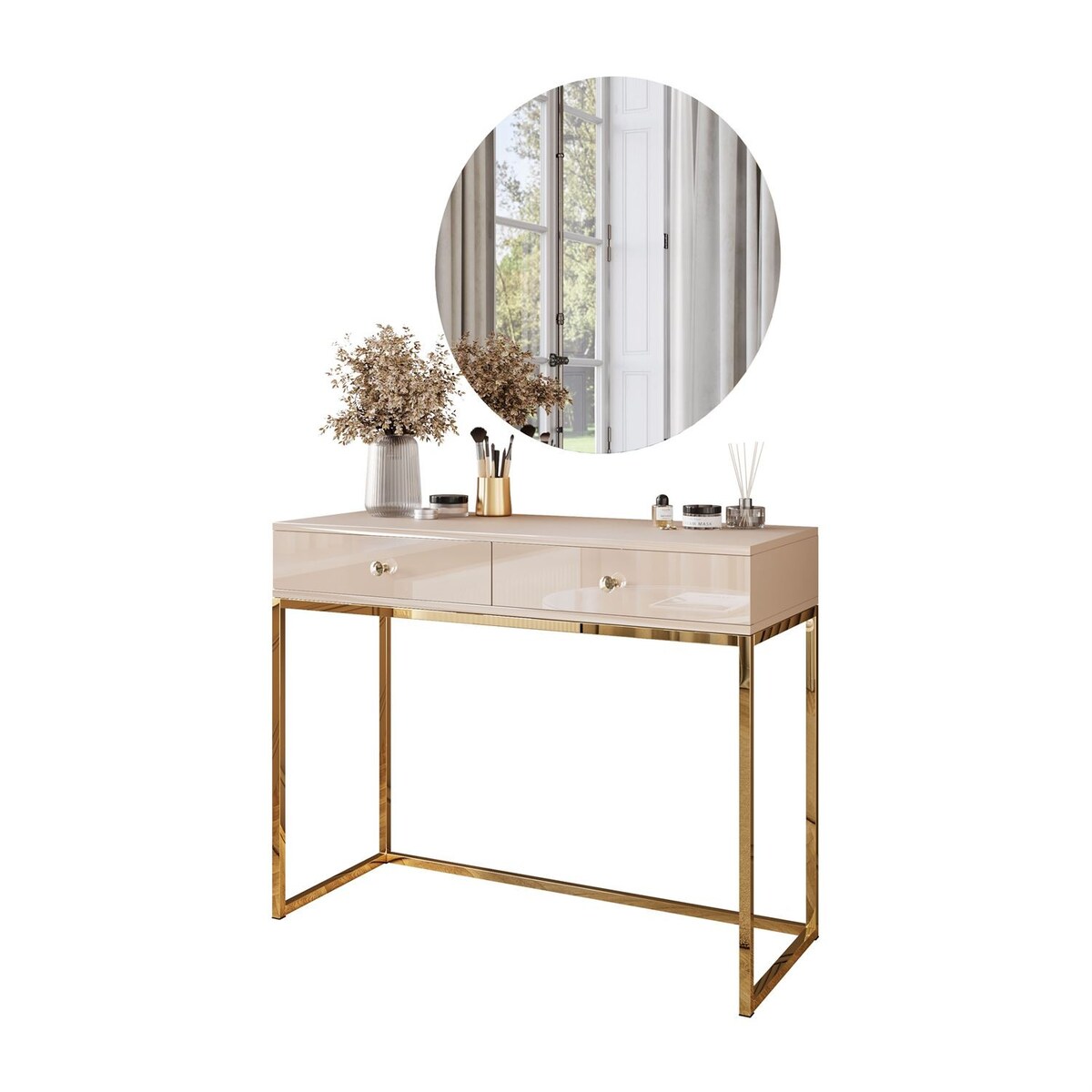 Toaletka BLANCO GLAMOUR KASZMIR na złotym chromowanym stelażu z lustrem LED, uchwyt biały kryształ