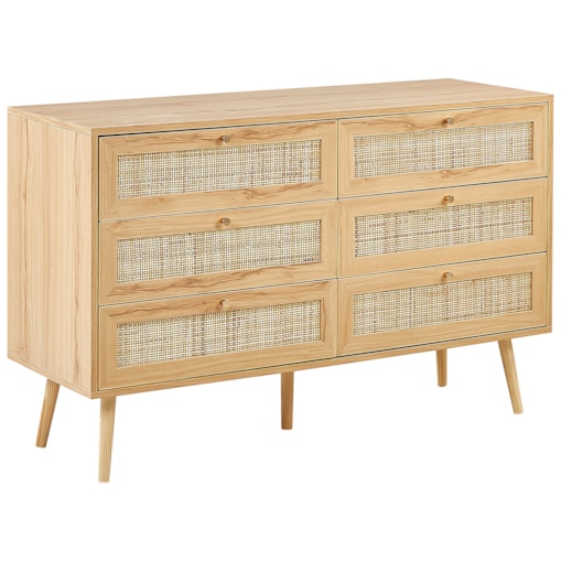Komoda 6 szuflad fronty rattanowe jasne drewno PEROTE