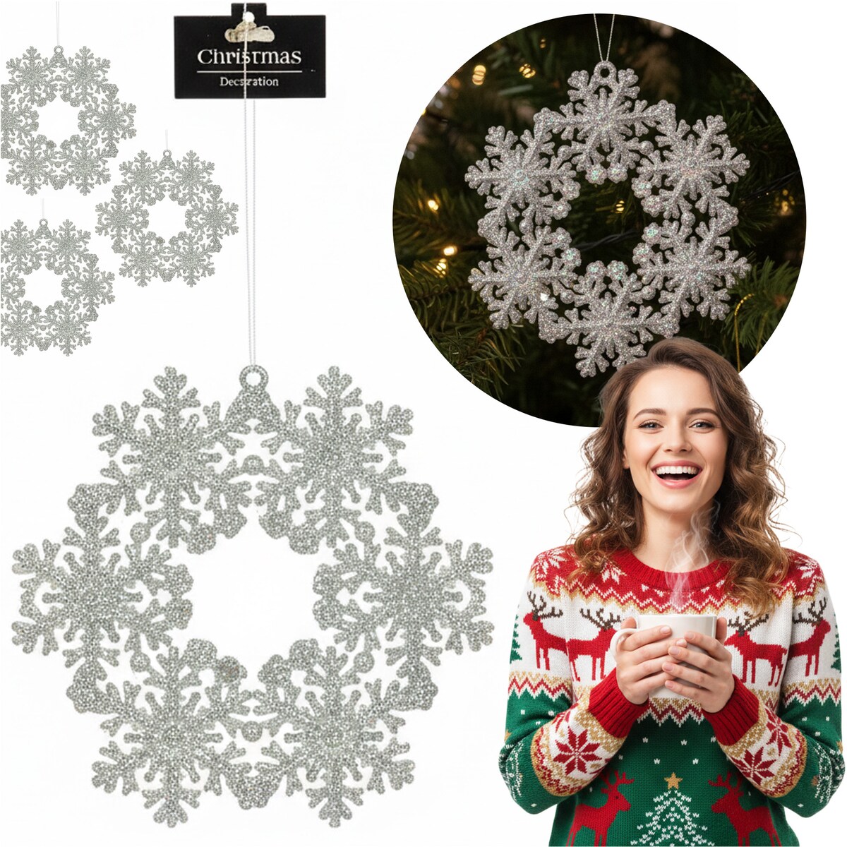 Zawieszka Na Choinkę Płatek Śniegu 12 Cm Ozdoba Świąteczna Wisząca Kolor Srebrny