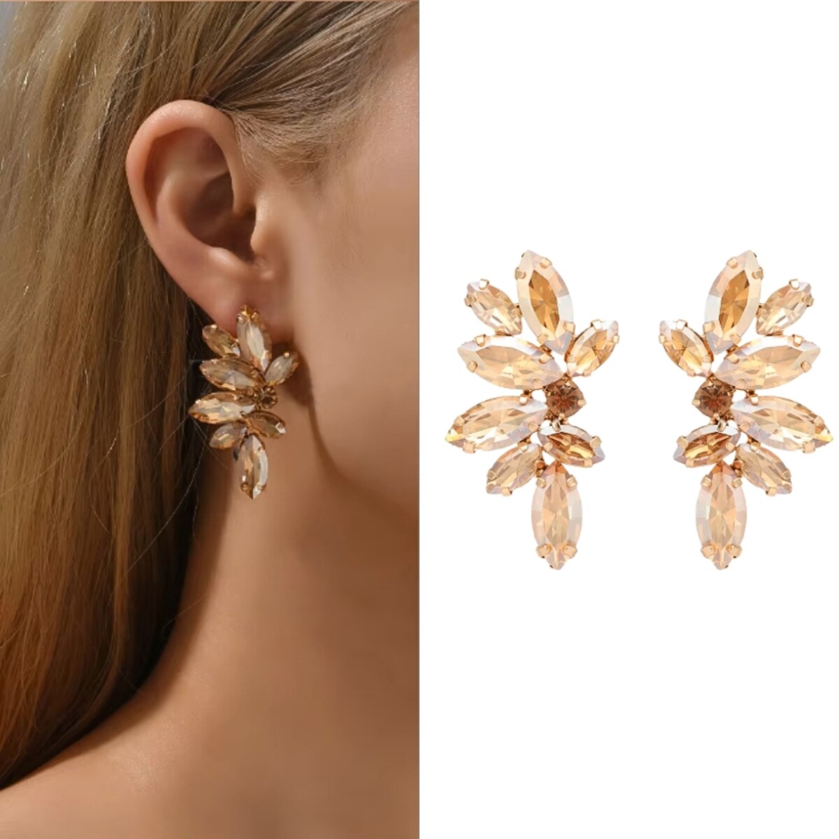 Złote krótkie kolczyki WIZYTOWE wieczorowe błyszczące szampańskie champagne