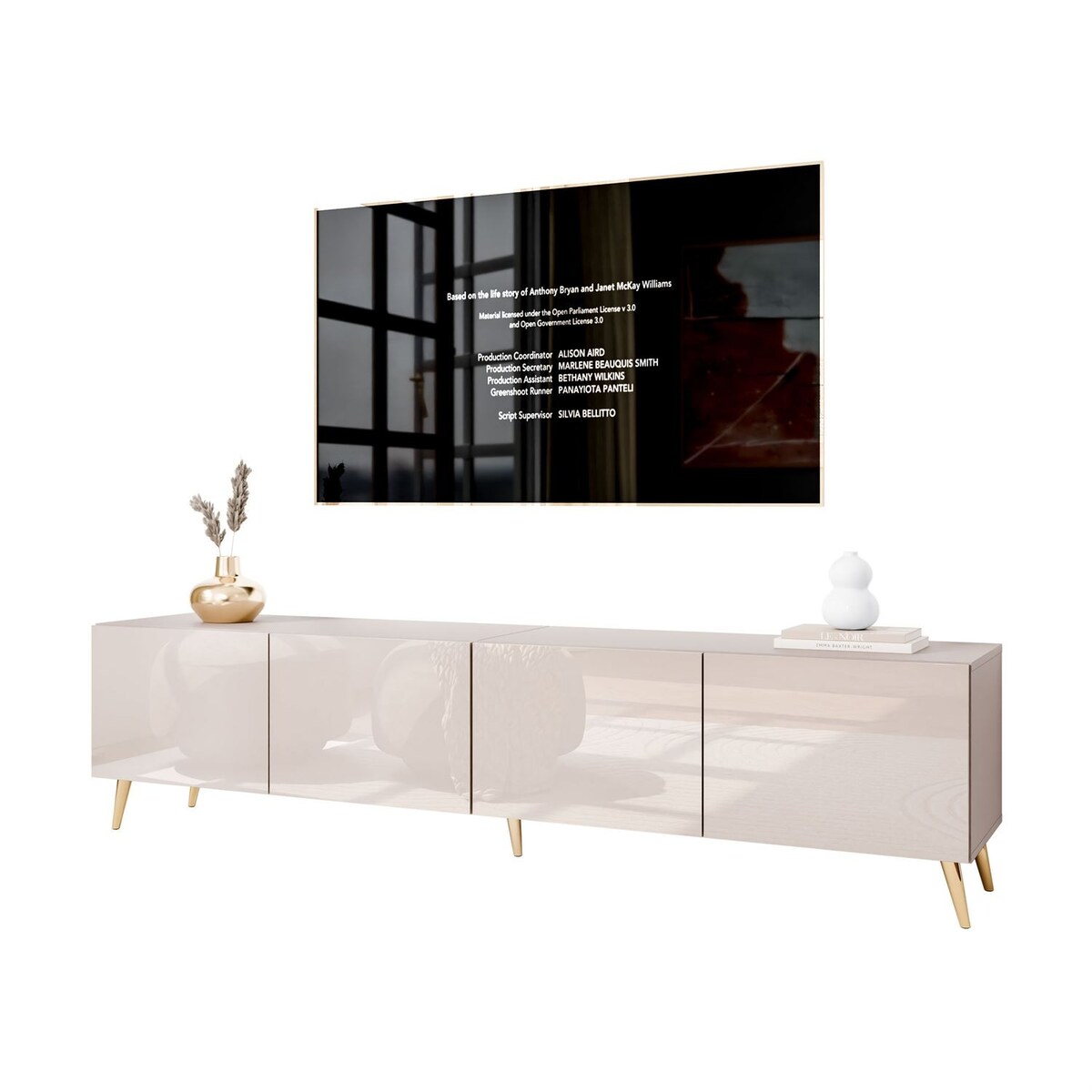Szafka RTV COLGANTE 200 kaszmir wysoki połysk, oświetlenie LED, nóżki skośne złote