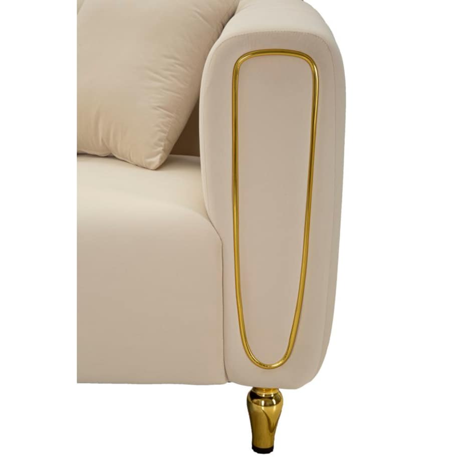 Sofa Alma, kolor kremowy i złoty, poliester, drewno eukaliptusowe, drewno sosnowe, sklejka i metal, 81 x 155 x 71 cm, do salonu, Mauro Ferretti
