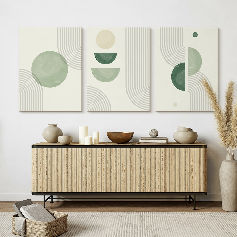 OBRAZY NA ŚCIANĘ SET ZIELONE ORNAMENTY STYL BOHO ABSTRAKCJA 90x40cm