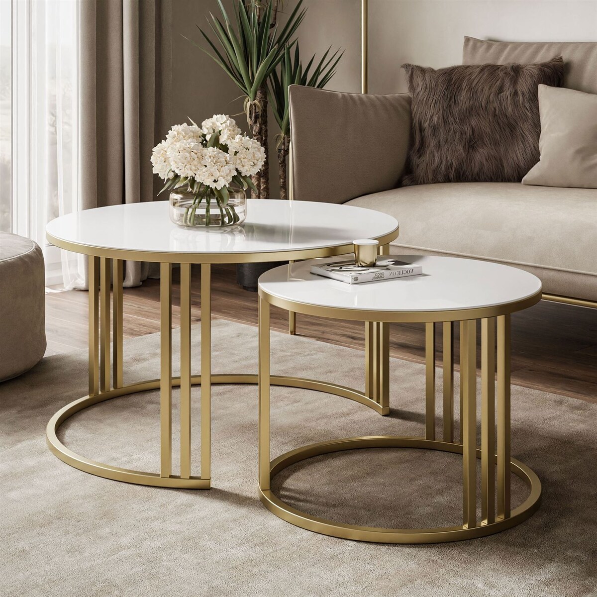 Okrągły stolik kawowy 2w1 LORI GLASS złoto szczotkowane, blat białe szkło