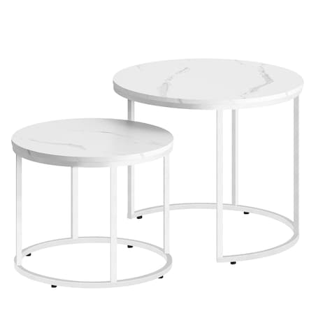 Stolik Kawowy Okrągły elegancki idealny do salonu 2 Sztuki - Marmur / Nogi Białe