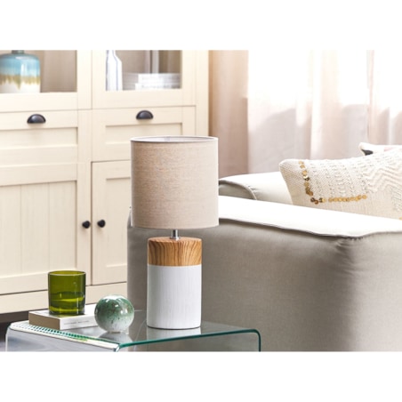 Lampa stołowa ceramiczna biała z jasnym drewnem ALZEYA