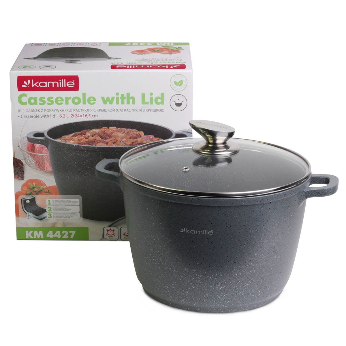 Garnek kocioł granitowy z pokrywką 6.2L indukcja na gaz KAMILLE