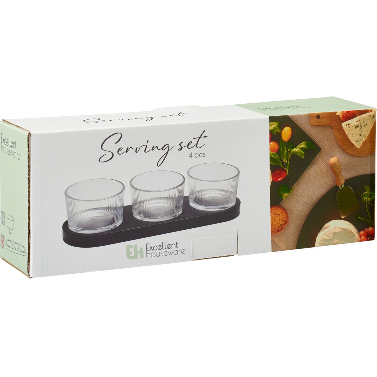 Szklane miseczki na przekąski ZINARI na drewnianej podstawce, 4 sztuki x Ø 9 cm