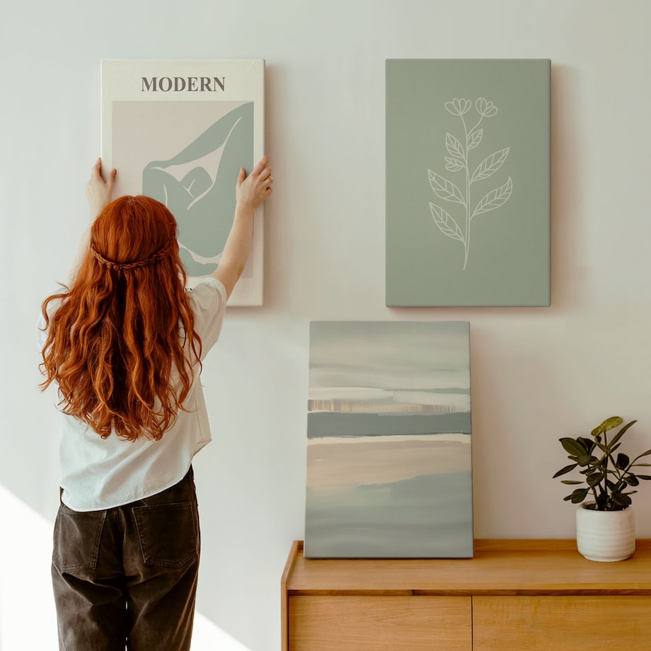 Zestaw 3 dużych obrazów na płótnie - Abstrakcyjne pastelowe kształty roślin - zielony