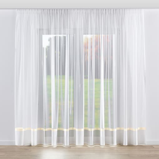 Firana na taśmie 300x245 ecru z satynowym złotym pasem na dole