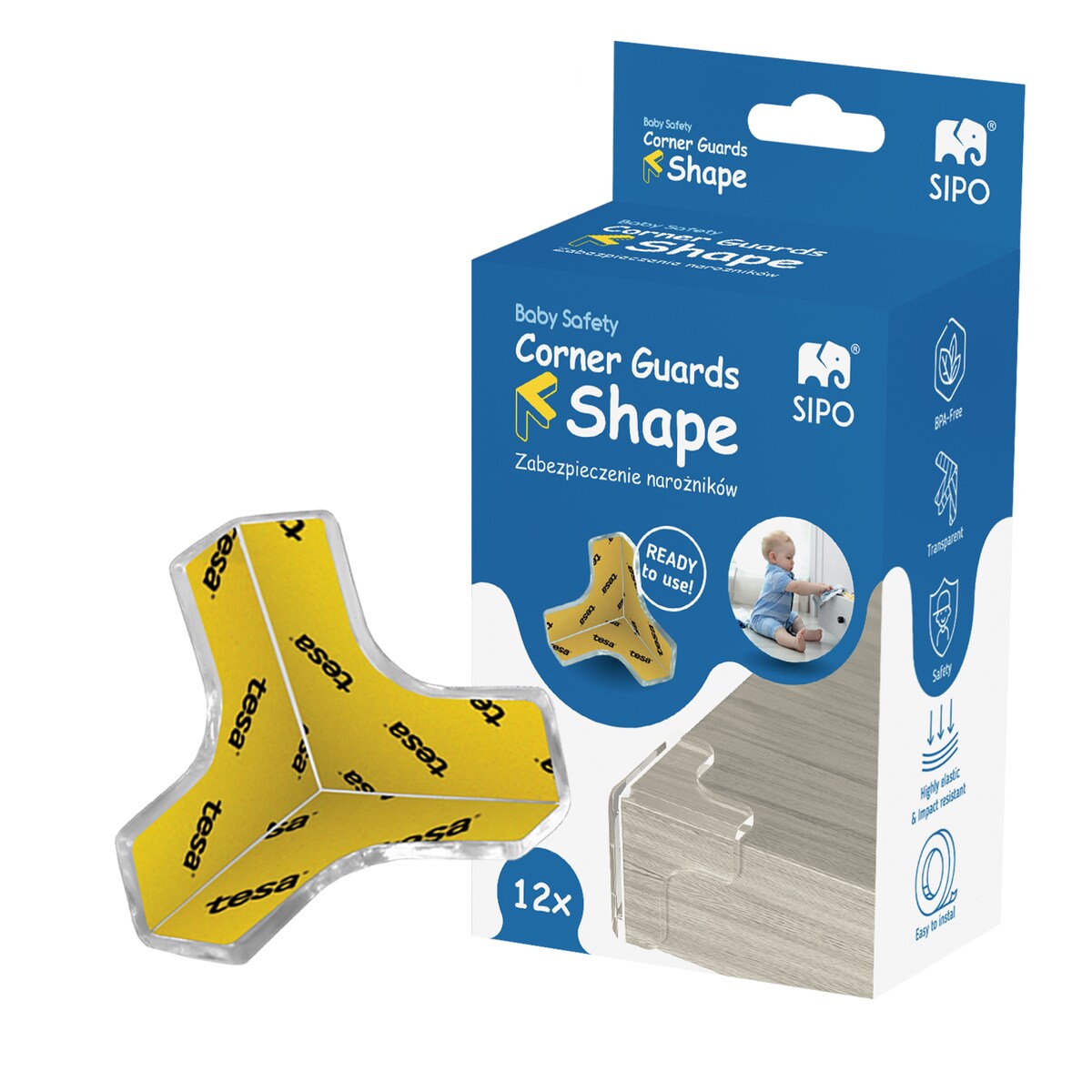 silikonowe narożniki zabezpieczające meble, sipo, zestaw 12 sztuk, transparentne, kształt litery T