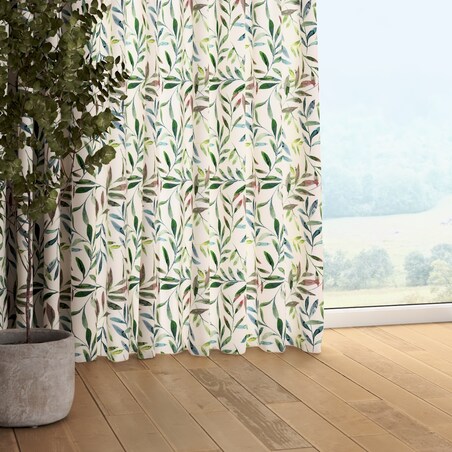Zasłona na taśmie marszczącej 1 szt. 130x245 zielone gałązki na białym tle