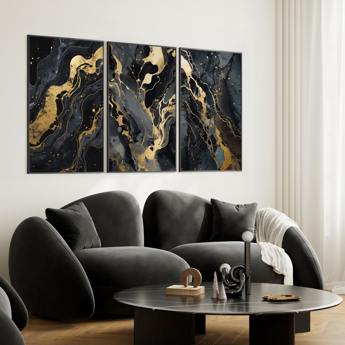 ZESTAW 3X PLAKAT W RAMIE ABSTRAKCJA CZARNY MARMUR GLAMOUR DO SYPIALNI 30x40cm