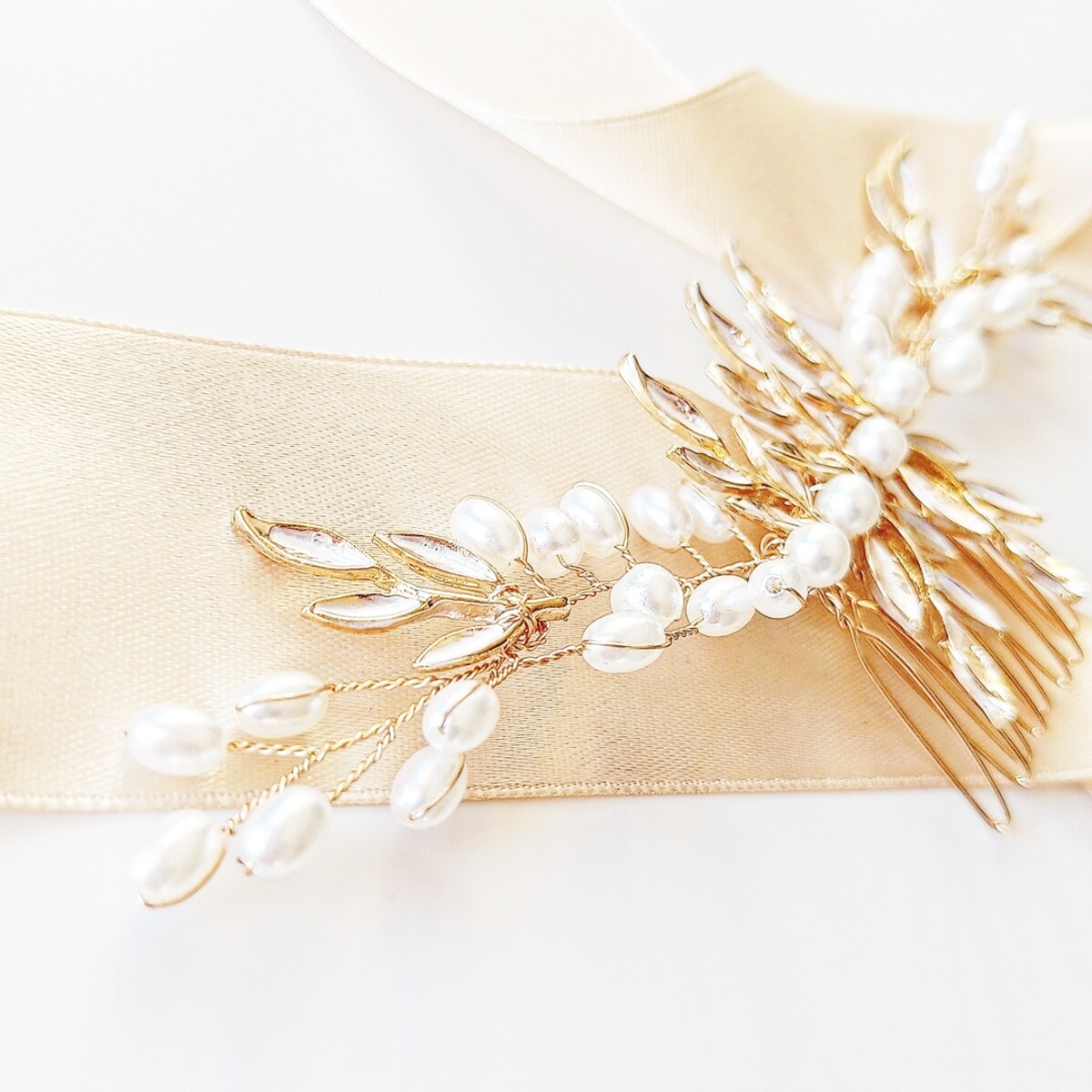 Grzebyk do włosów złoty z perełkami i listkami BOHO ślub fryzura upięcie