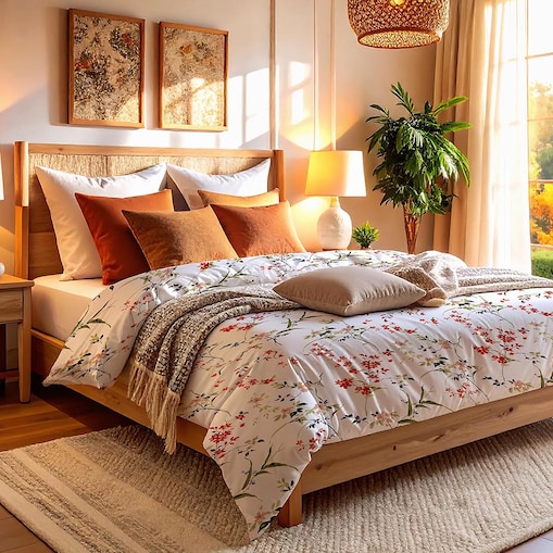 Pościel bawełniana 180x200 Bloome biała w kolorowe kwiaty, Cottonlove