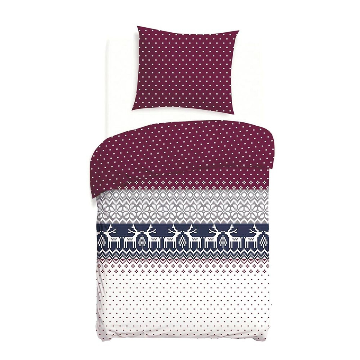 Pościel flanelowa 140x200 Arvena bordowa w renifery i kratkę, Flanelove