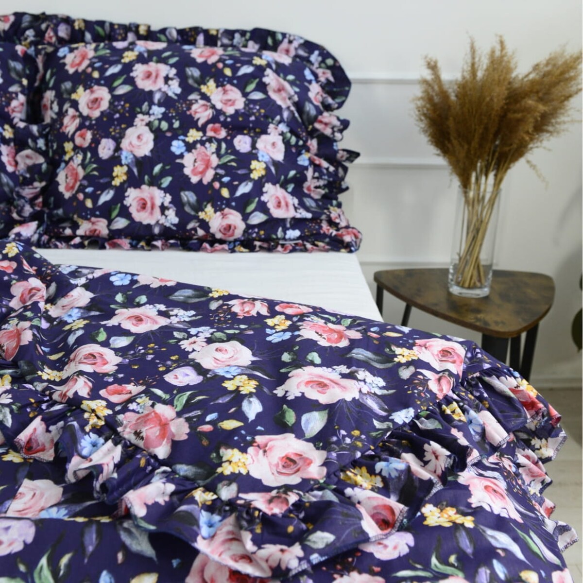 Pościel bawełniana z falbanką boho róże 140x200 + 50x60