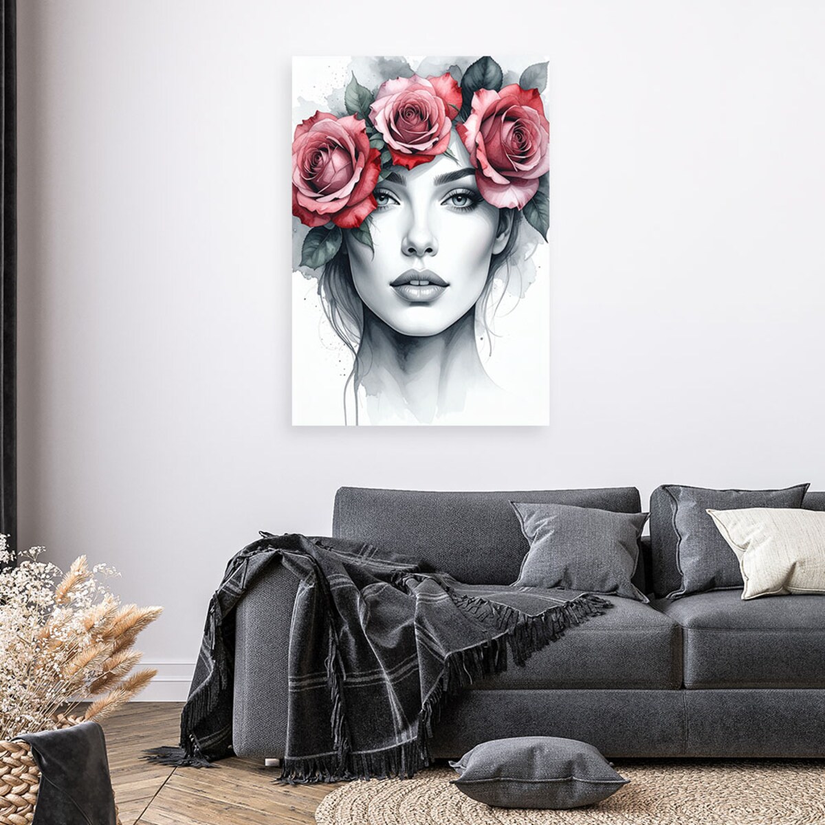 Obraz do salonu sypialni, Portret Kobieta z kwiatami róży na głowie 80x120