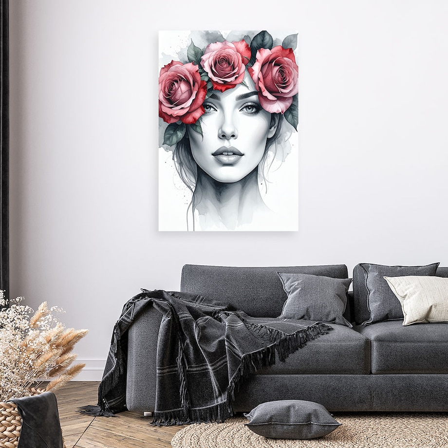 Obraz do salonu sypialni, Portret Kobieta z kwiatami róży na głowie 80x120